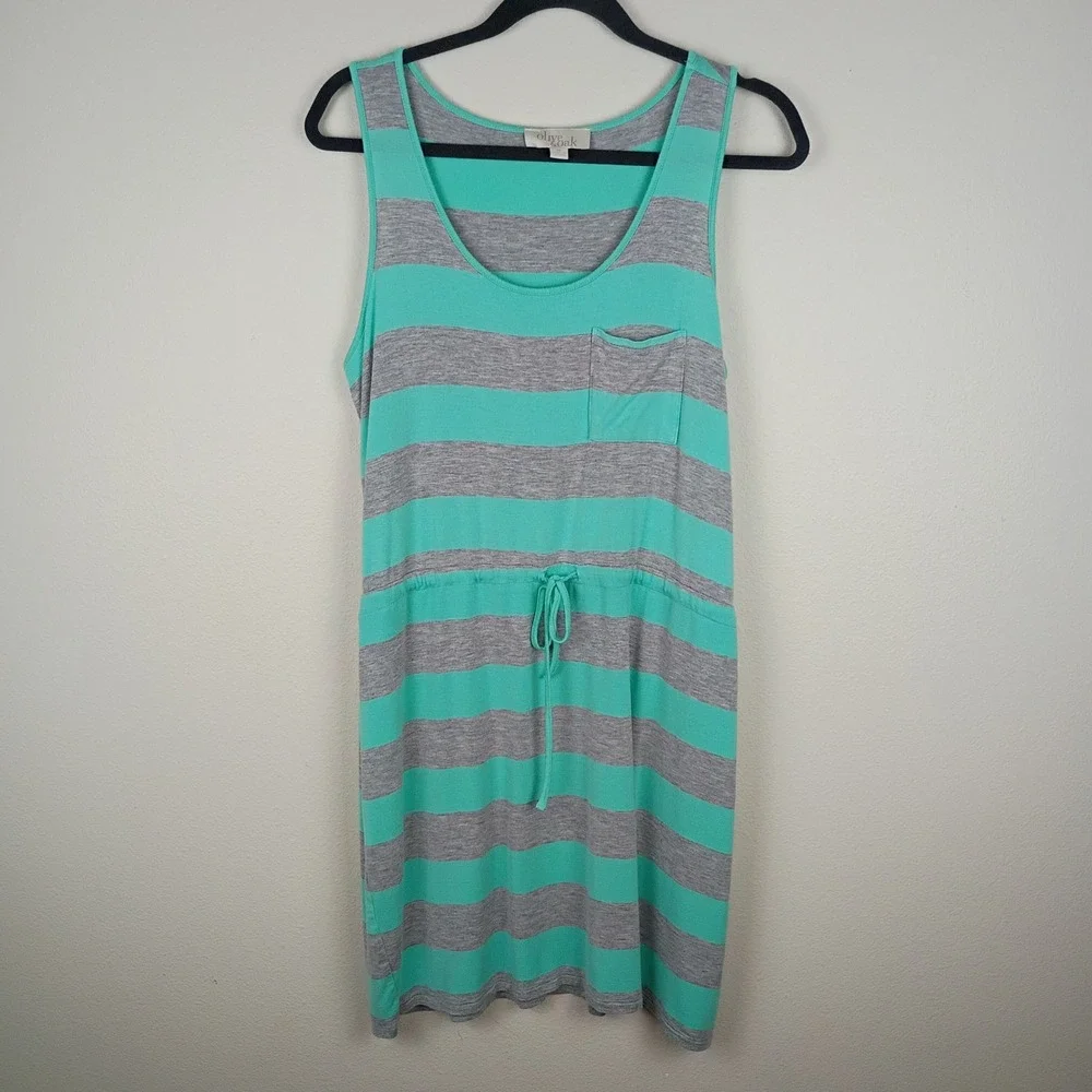 Olive & Oak Womens Mint Gray Striped Sleeveless Drawstring Waist Pocket Dress M - Picture 2 of 7